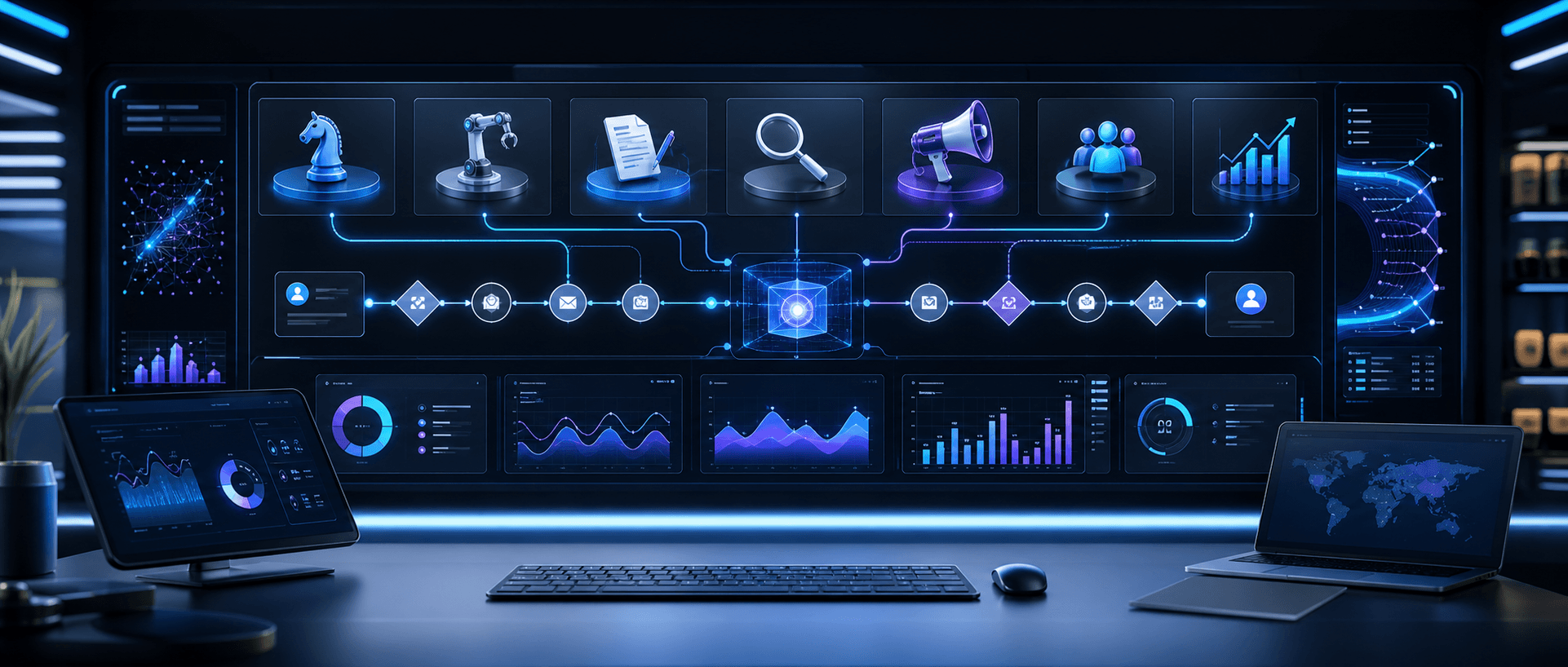 AI marketing services command center with dashboards and automation workflows